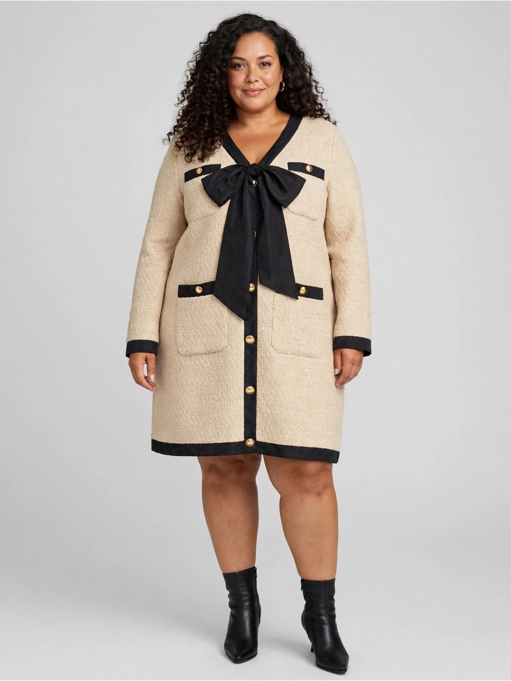 NWT Pomander Place Tweed Bow Beige Gold Button Old Money Preppy XXL